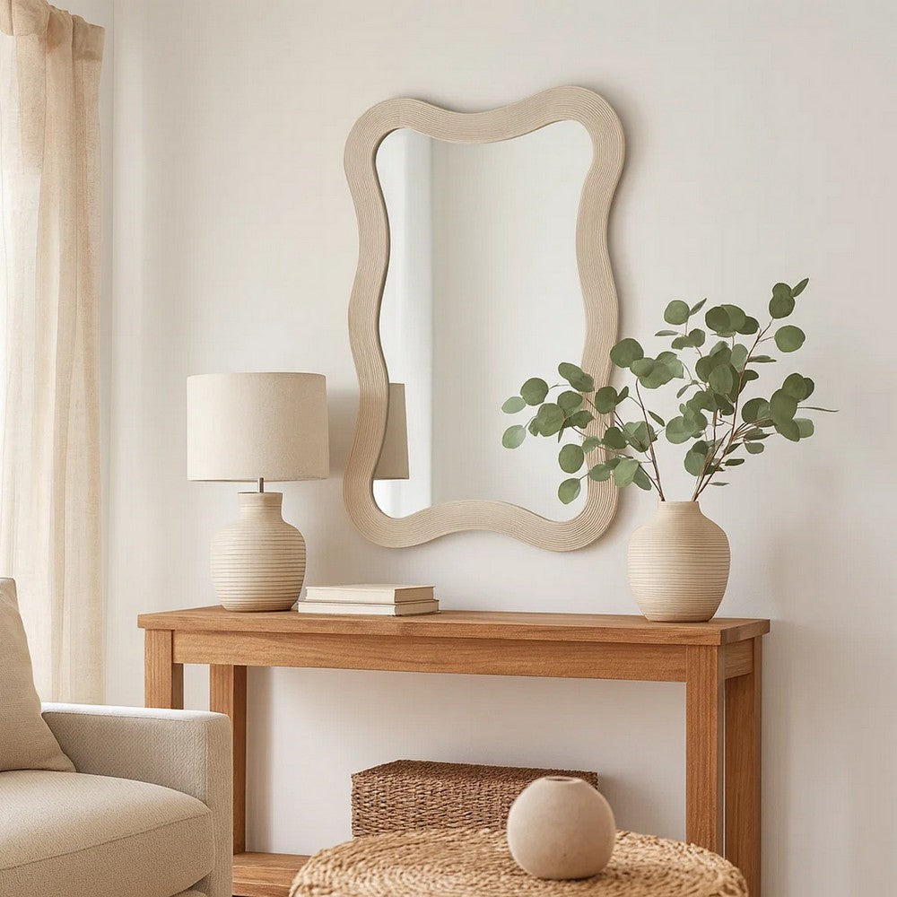 Lery Wall Mirror, 38 Inch Wavy Frame, Boho Style Ivory Natural Bamboo