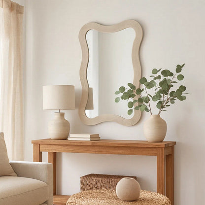 Lery Wall Mirror, 38 Inch Wavy Frame, Boho Style Ivory Natural Bamboo