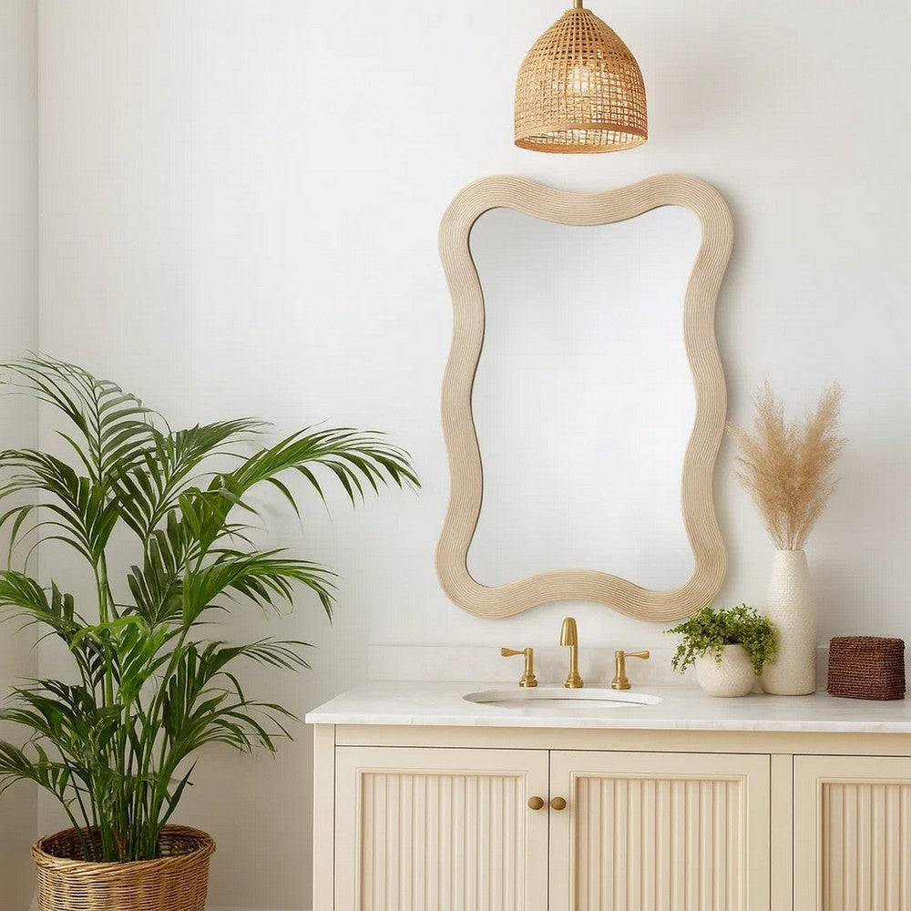 Lery Wall Mirror, 38 Inch Wavy Frame, Boho Style Ivory Natural Bamboo