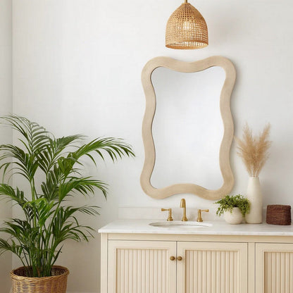 Lery Wall Mirror, 38 Inch Wavy Frame, Boho Style Ivory Natural Bamboo