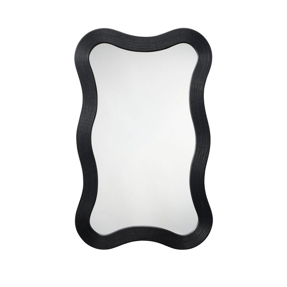 Lery Wall Mirror, 38 Inch Wavy Frame, Boho Style Black Natural Bamboo
