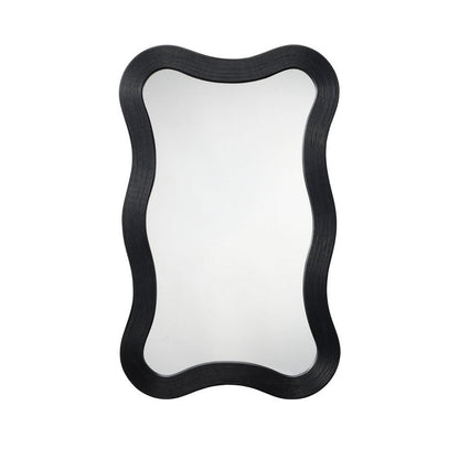 Lery Wall Mirror, 38 Inch Wavy Frame, Boho Style Black Natural Bamboo