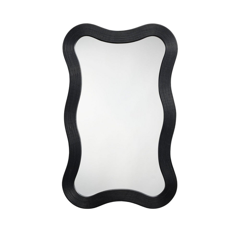 Lery Wall Mirror, 38 Inch Wavy Frame, Boho Style Black Natural Bamboo