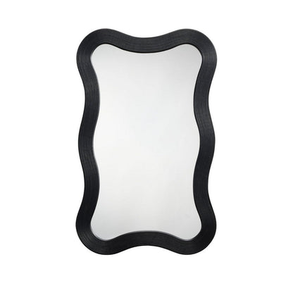 Lery Wall Mirror, 38 Inch Wavy Frame, Boho Style Black Natural Bamboo