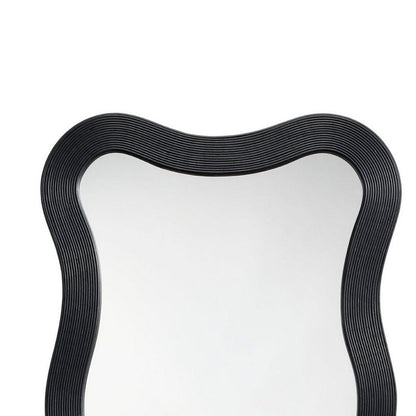Lery Wall Mirror, 38 Inch Wavy Frame, Boho Style Black Natural Bamboo