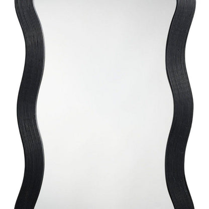 Lery Wall Mirror, 38 Inch Wavy Frame, Boho Style Black Natural Bamboo