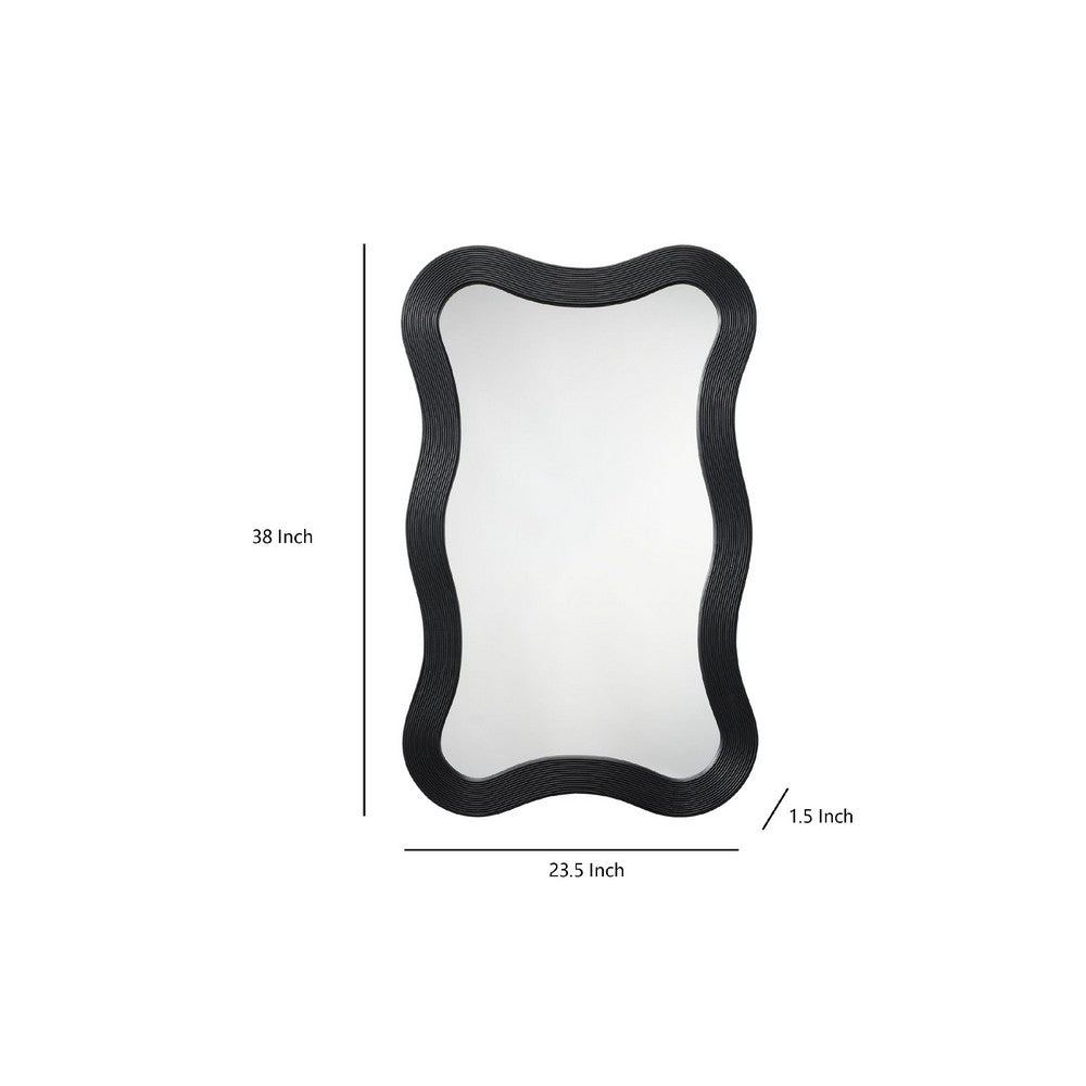 Lery Wall Mirror, 38 Inch Wavy Frame, Boho Style Black Natural Bamboo
