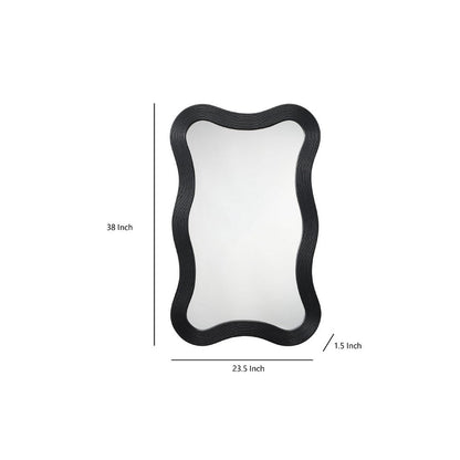 Lery Wall Mirror, 38 Inch Wavy Frame, Boho Style Black Natural Bamboo