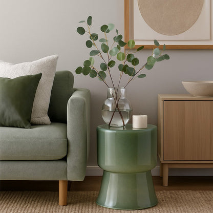 Hery Garden Stool Side Table, Hourglass, Glossy Ivory Soda Lime Glass