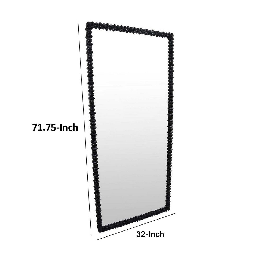 Perz Floor Mirror, 72 Inch, Rectangular Shaped Black Beaded Wood Frame