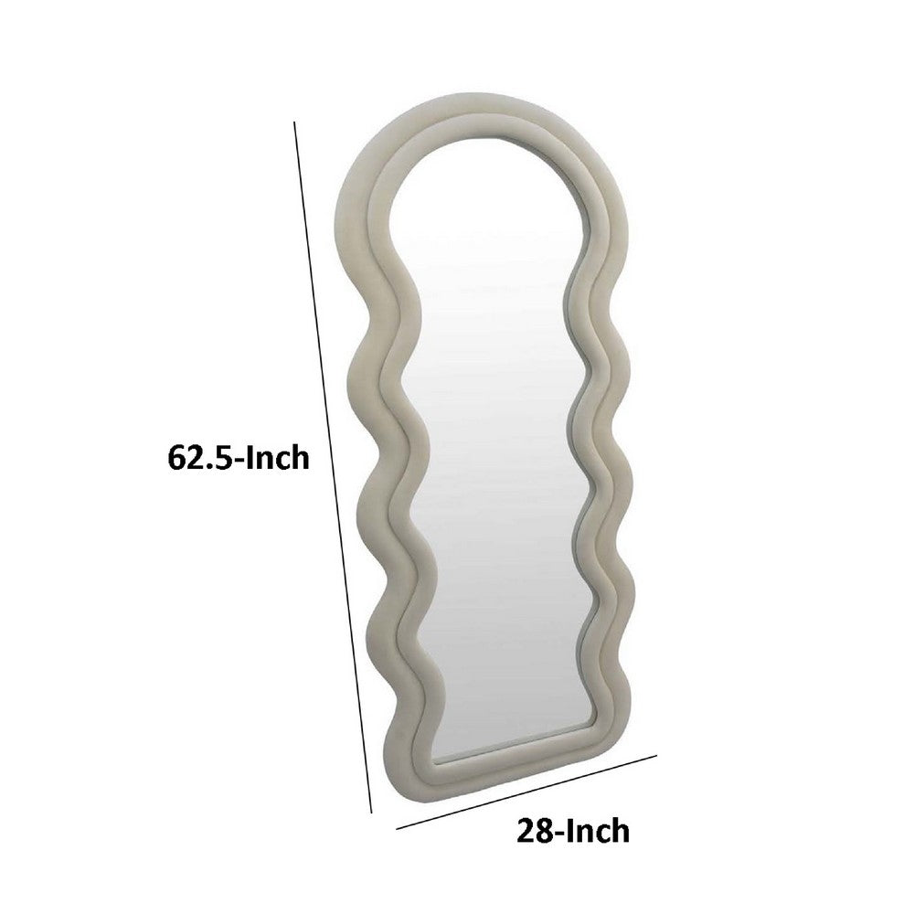 Izy Floor Mirror, 63 Inch, Light Beige Wavy Abstract Frame, Wood