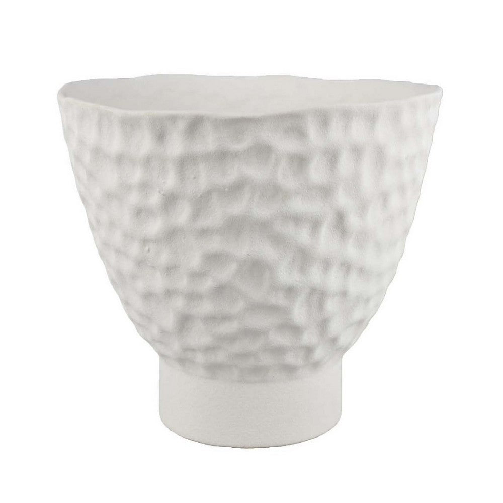 Decorative Bowl Shaped Planter, Hammered White Ceramic 12 Inch