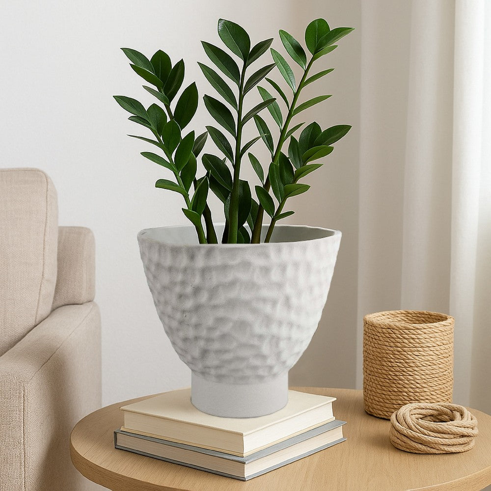 Decorative Bowl Shaped Planter, Hammered White Ceramic 12 Inch
