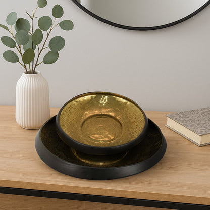 Rema Decorative Tabletop Bowls Set of 2, Modern Gold and Black Ceramic