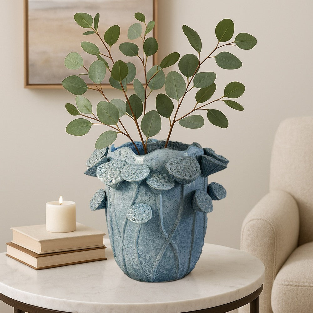 Ro Decorative Vase, Textured Lotus Accents, Blue Ceramic 12 Inch