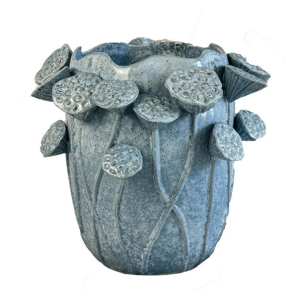 Ro Decorative Vase, Textured Lotus Accents, Blue Ceramic 12 Inch