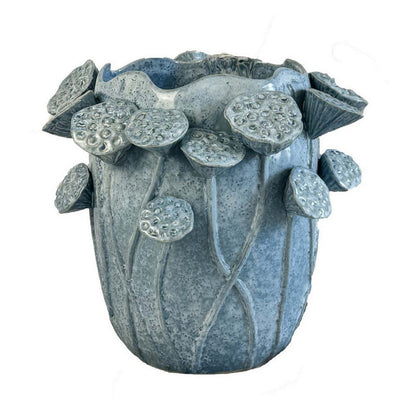 Ro Decorative Vase, Textured Lotus Accents, Blue Ceramic 12 Inch