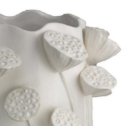 Ro Decorative Vase, Textured Lotus Accents, White Ceramic 16 Inch