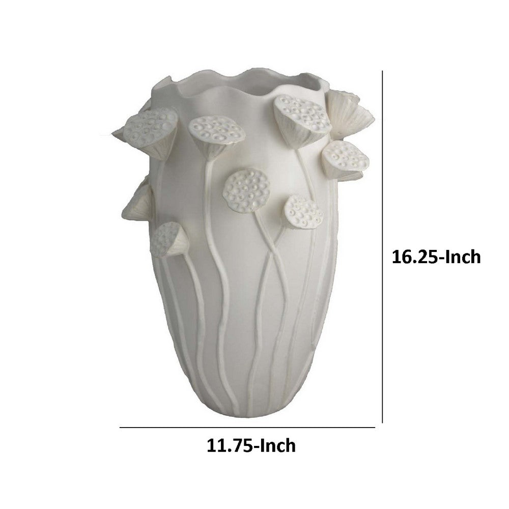 Ro Decorative Vase, Textured Lotus Accents, White Ceramic 16 Inch