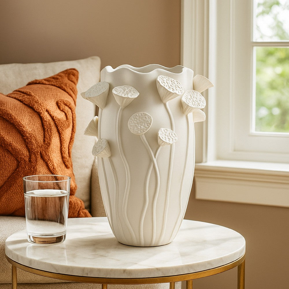 Ro Decorative Vase, Textured Lotus Accents, White Ceramic 16 Inch
