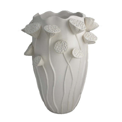 Ro Decorative Vase, Textured Lotus Accents, White Ceramic 16 Inch