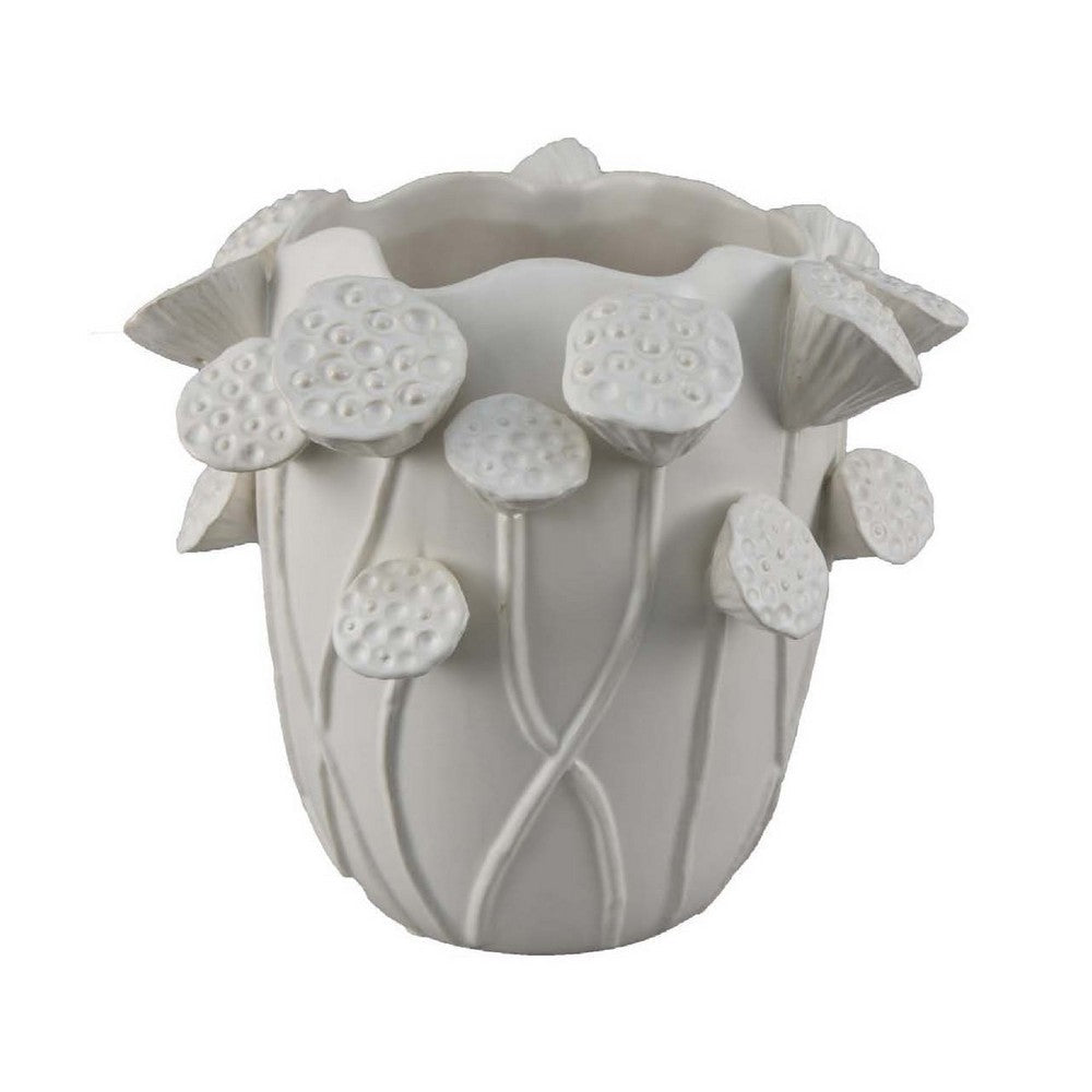 Ro Decorative Vase, Textured Lotus Accents, White Ceramic 12 Inch
