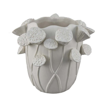 Ro Decorative Vase, Textured Lotus Accents, White Ceramic 12 Inch