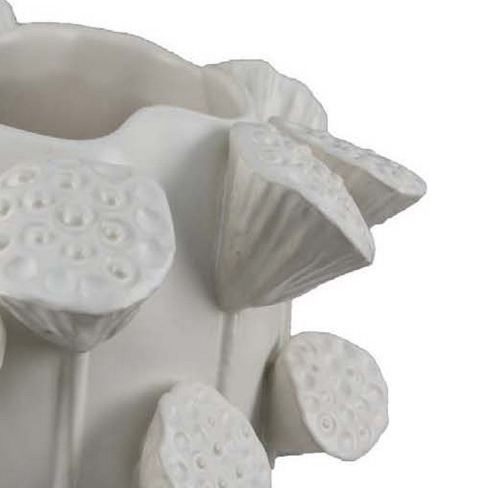 Ro Decorative Vase, Textured Lotus Accents, White Ceramic 12 Inch