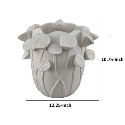 Ro Decorative Vase, Textured Lotus Accents, White Ceramic 12 Inch