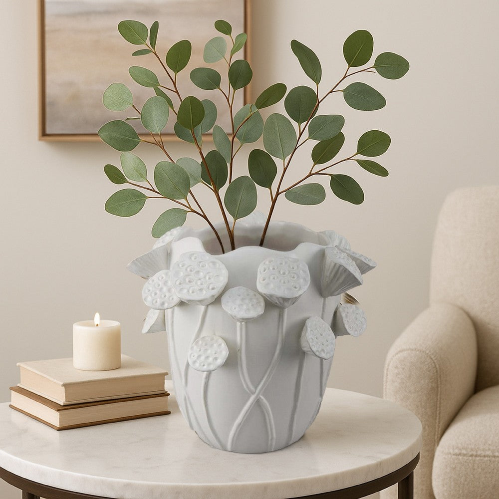 Ro Decorative Vase, Textured Lotus Accents, White Ceramic 12 Inch
