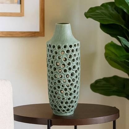 Kolo Decorative Vase, Perforated Design, 25 Inch Green Ceramic Body