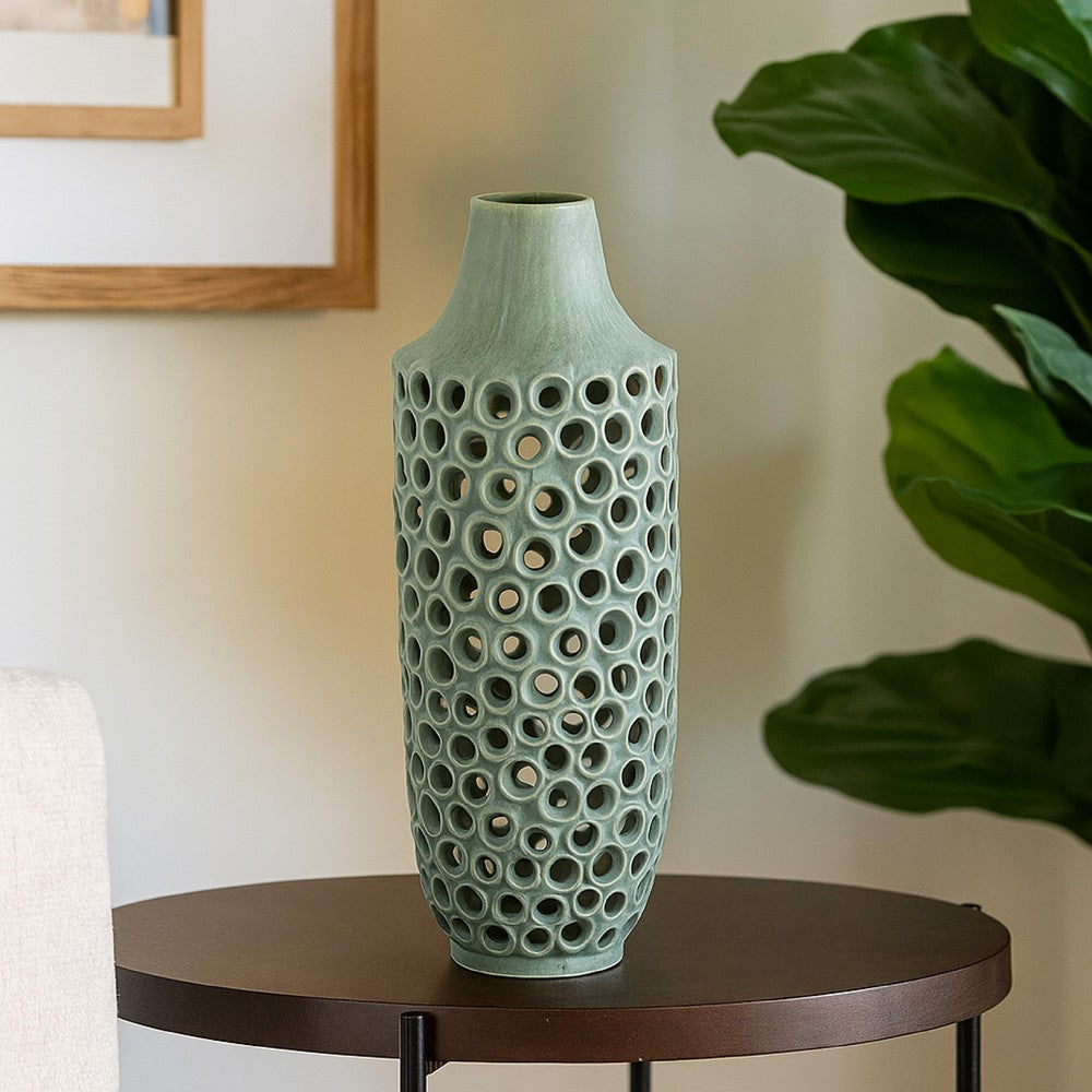 Kolo Decorative Vase, Perforated Design, 25 Inch Green Ceramic Body