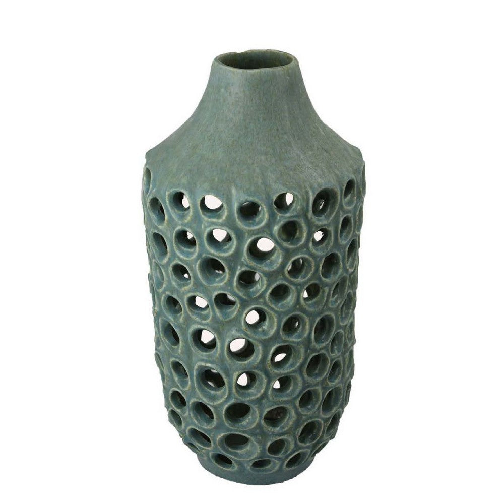 Nian Accent Vase, Green Ceramic, Perforated Rounded Holes, 16 Inch