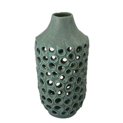 Nian Accent Vase, Green Ceramic, Perforated Rounded Holes, 16 Inch