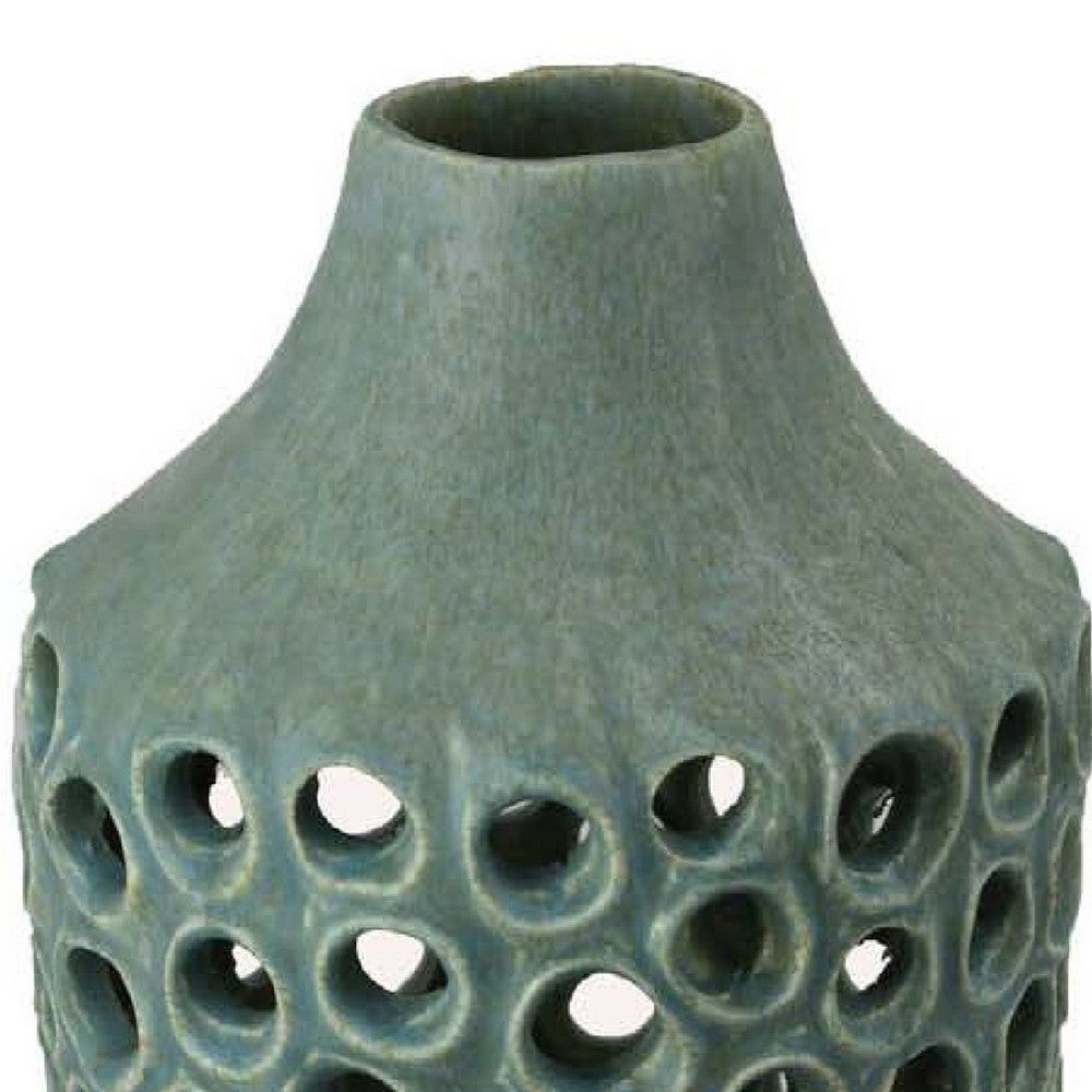 Nian Accent Vase, Green Ceramic, Perforated Rounded Holes, 16 Inch