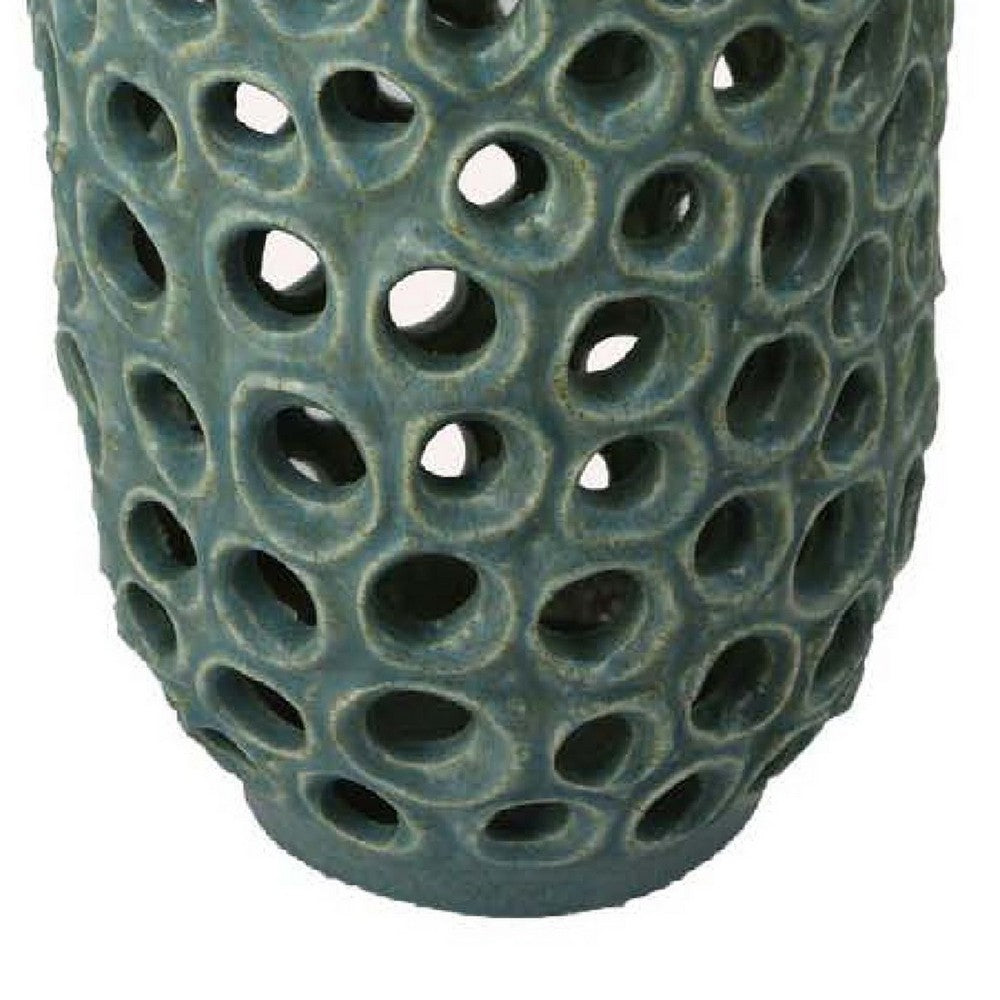 Nian Accent Vase, Green Ceramic, Perforated Rounded Holes, 16 Inch