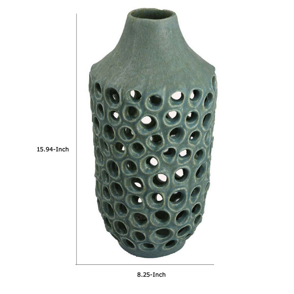 Nian Accent Vase, Green Ceramic, Perforated Rounded Holes, 16 Inch