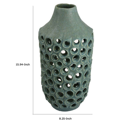 Nian Accent Vase, Green Ceramic, Perforated Rounded Holes, 16 Inch