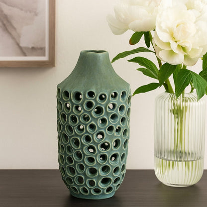 Nian Accent Vase, Green Ceramic, Perforated Rounded Holes, 16 Inch