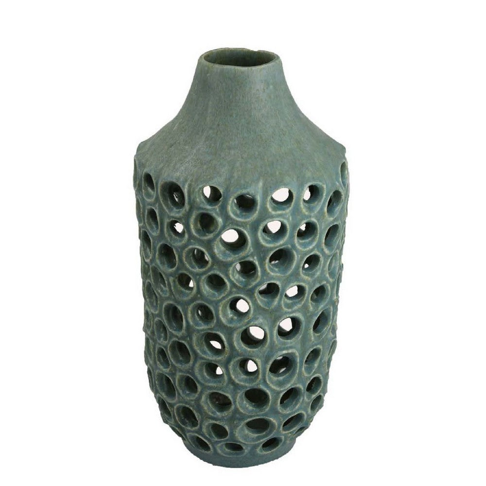 Nian Accent Vase, Green Ceramic, Perforated Rounded Holes, 16 Inch
