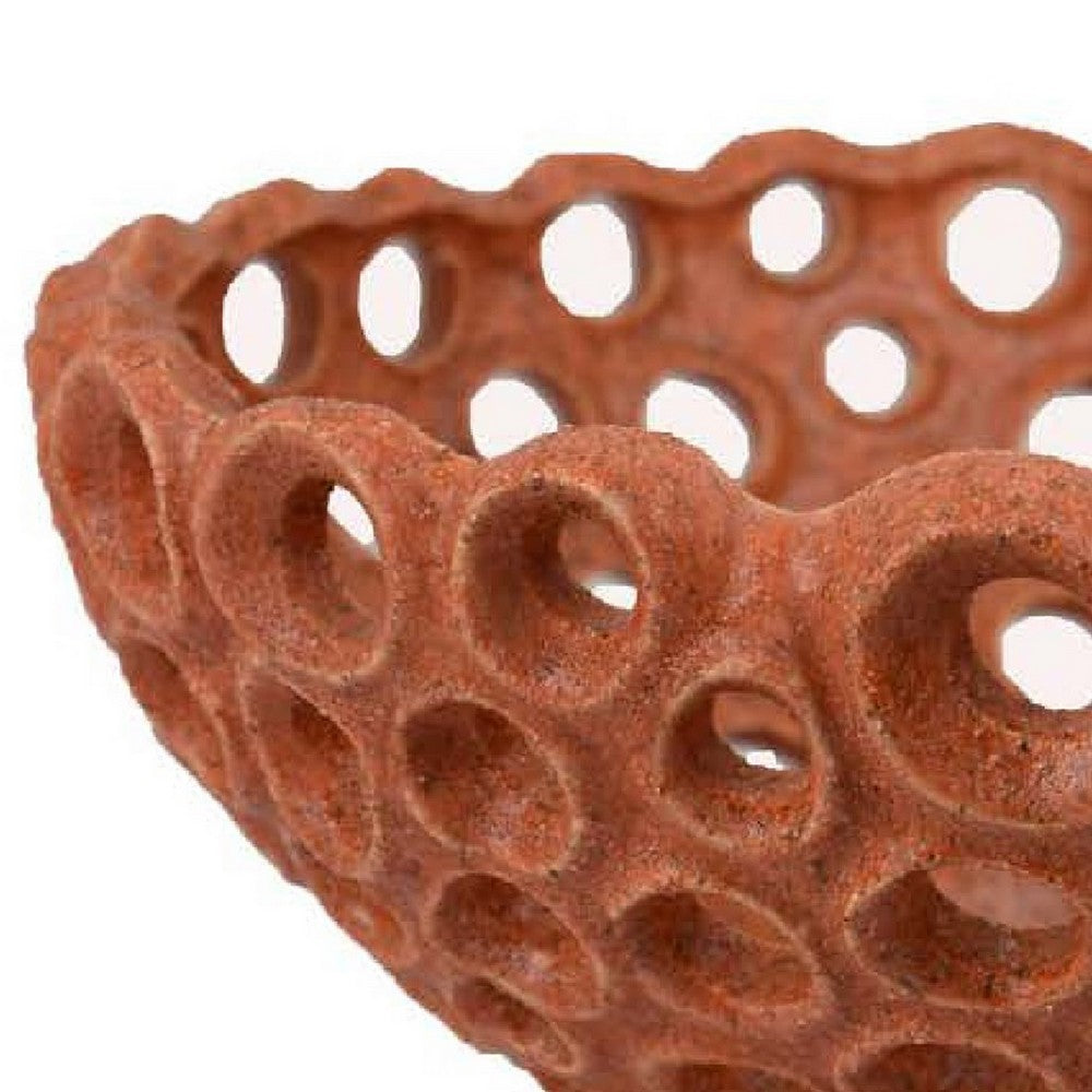 Nian Decorative Bowl, Earthy Brown Ceramic, Perforated Holes, 13 Inch