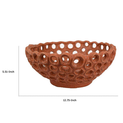 Nian Decorative Bowl, Earthy Brown Ceramic, Perforated Holes, 13 Inch