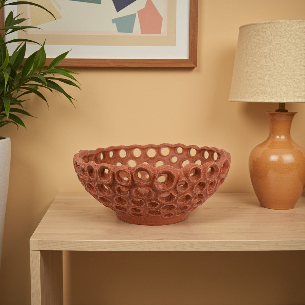 Nian Decorative Bowl, Earthy Brown Ceramic, Perforated Holes, 13 Inch