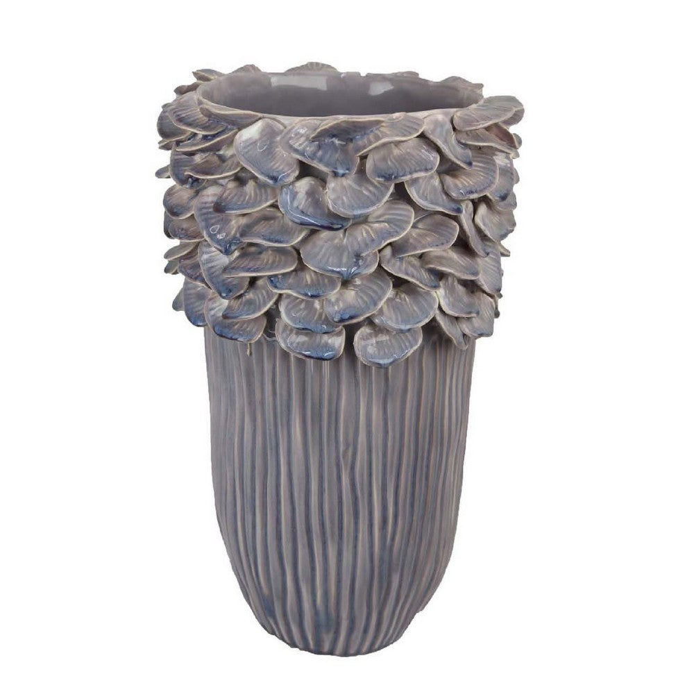 Kiana Decorative Vase, Gray Ceramic Flared Scales Rim Accent, 16 Inch