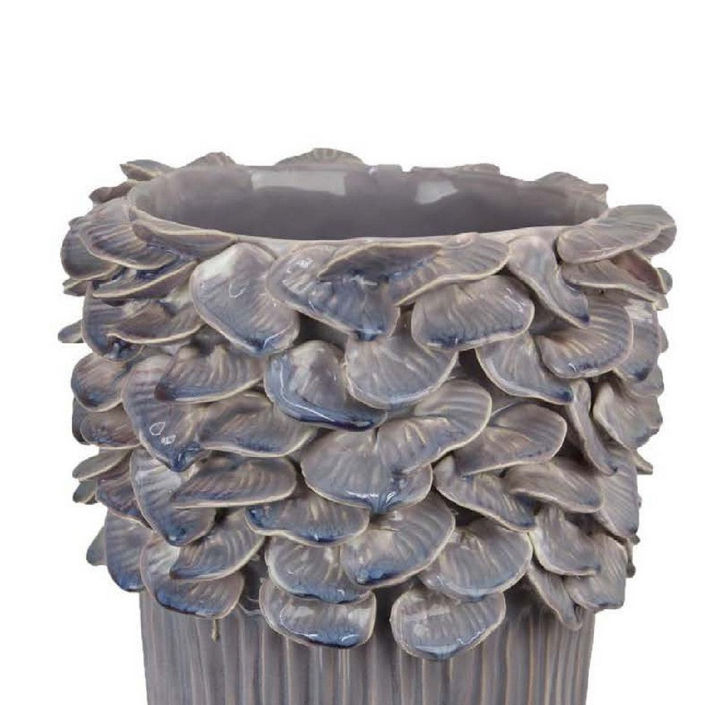 Kiana Decorative Vase, Gray Ceramic Flared Scales Rim Accent, 16 Inch