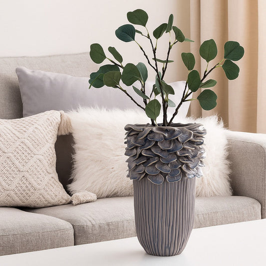 Kiana Decorative Vase, Gray Ceramic Flared Scales Rim Accent, 16 Inch