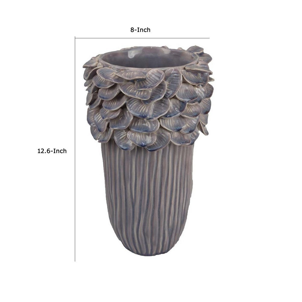 Kiana Decorative Vase, Gray Ceramic Flared Scales Rim Accent, 13 Inch