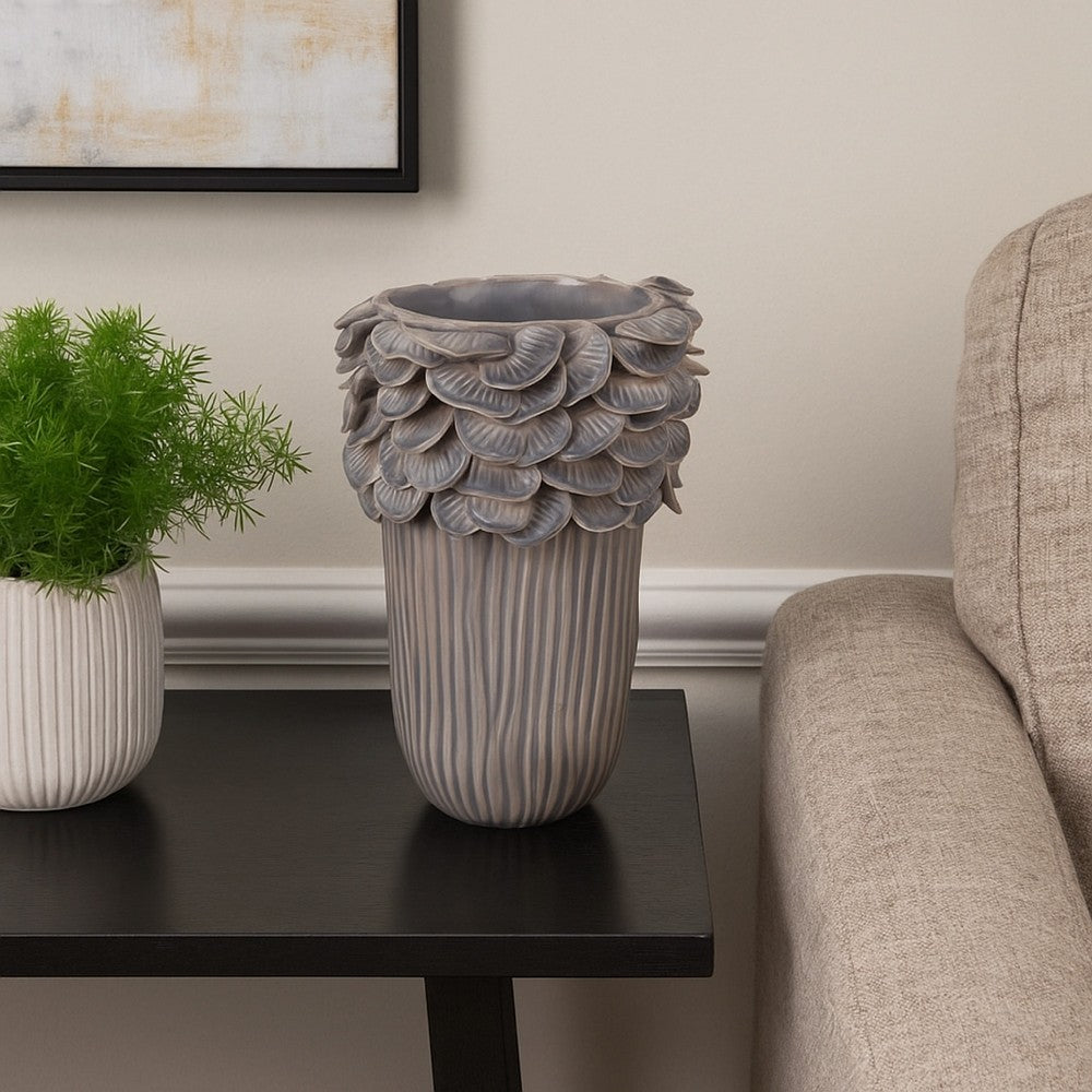 Kiana Decorative Vase, Gray Ceramic Flared Scales Rim Accent, 13 Inch