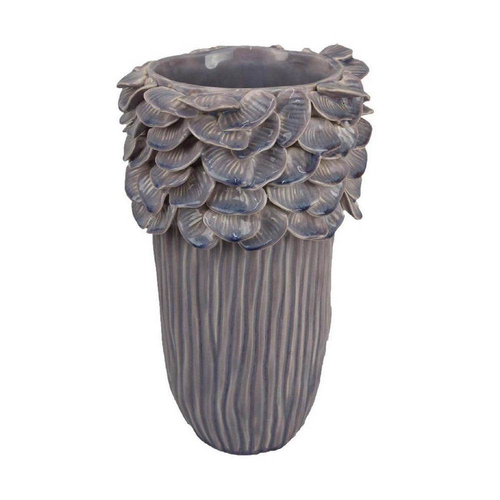 Kiana Decorative Vase, Gray Ceramic Flared Scales Rim Accent, 13 Inch