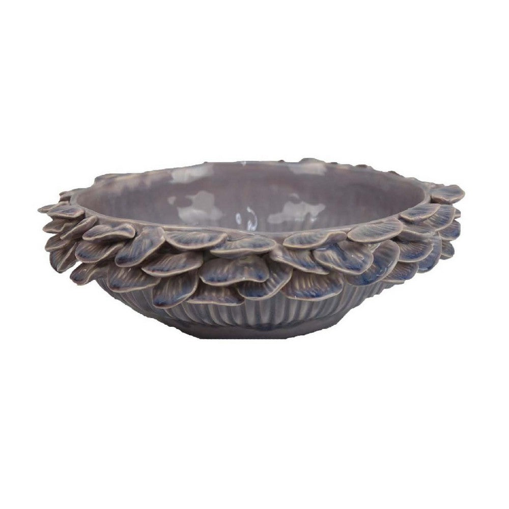 Kiana Decorative Bowl, Gray Ceramic, Flared Scales Rim Accent, 12 Inch